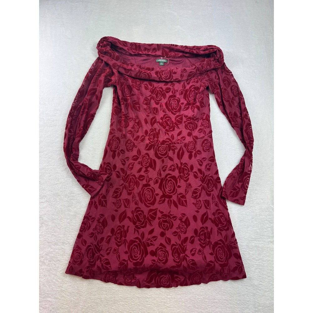 Wild Fable Burgundy Burnout Velvet Rose Mini‎ Dress Off Shoulder Long Sleeve M